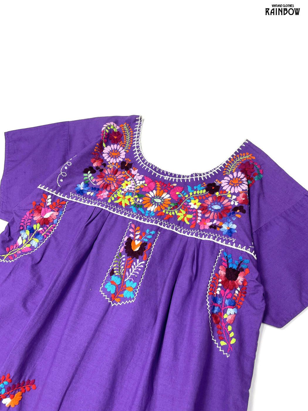 古着 メキシカン刺繍 スリット 花柄 コットン ロング丈 半袖 ワンピース 紫 (otu2606093)