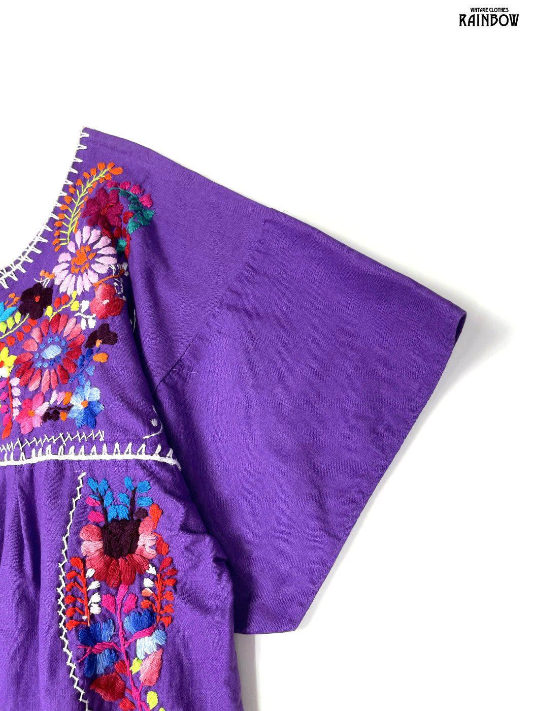 古着 メキシカン刺繍 スリット 花柄 コットン ロング丈 半袖 ワンピース 紫 (otu2606093)