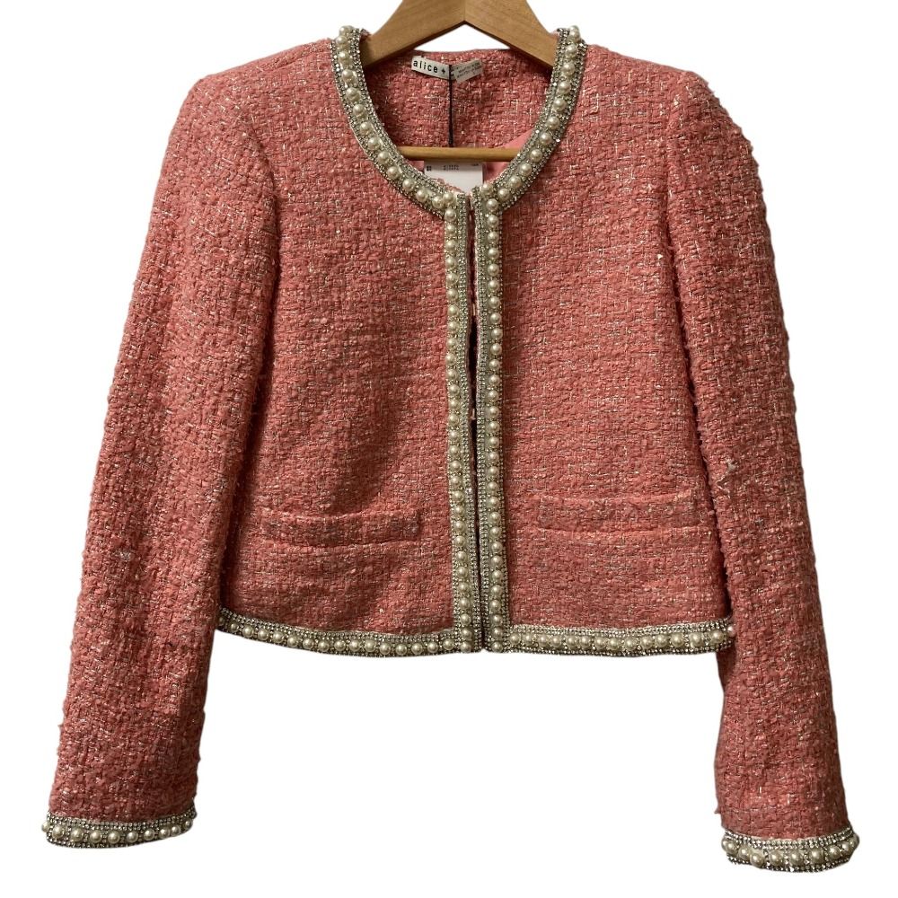 未使用 alice + olivia アリスアンドオリビア フェイクパール ツイードノーカラージャケット サイズ0 ピンク レディース 古着 中古 USED
