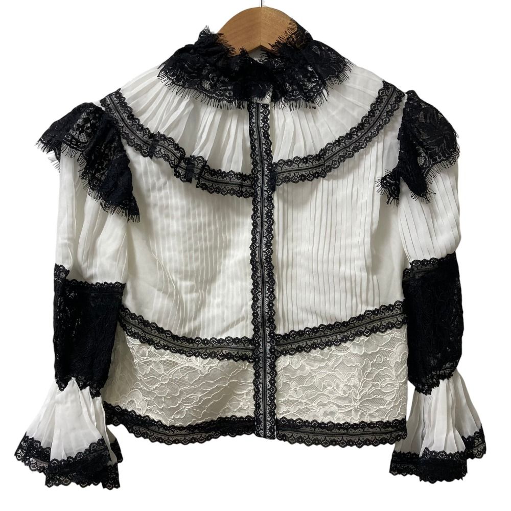 未使用 alice + olivia アリスアンドオリビア レース 長袖 プリーツブラウス サイズ0 ホワイト×ブラック レディース 古着 中古 USED