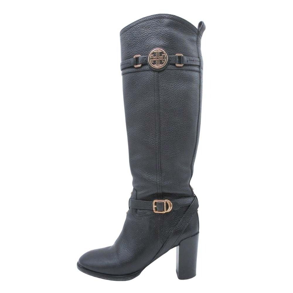 美品 Tory Burch トリーバーチ ダブルTロゴ レザー ロングブーツ シューズ ベルト 本革 6M/23.0cm 黒 ブラック レディース 古着 中古 USED