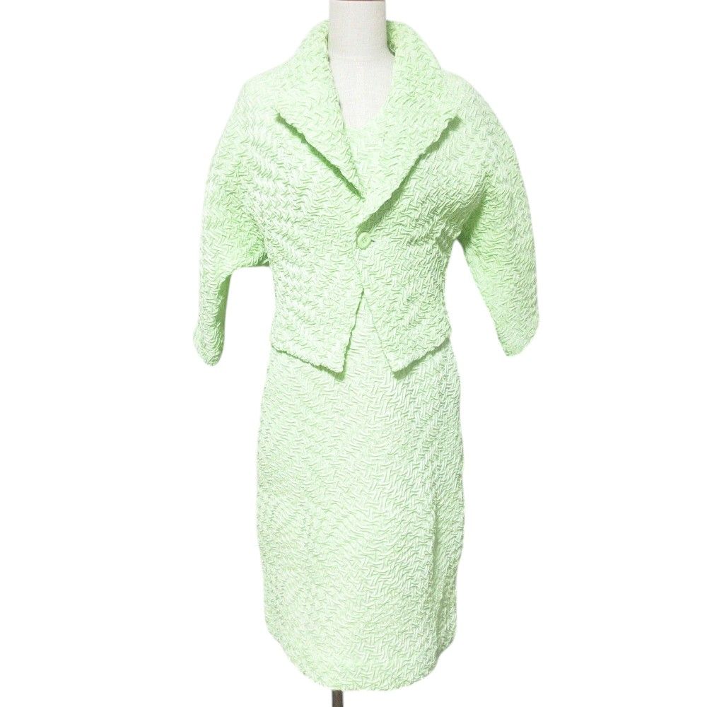 美品 ISSEY MIYAKE イッセイミヤケ ジャガードジャケット ワンピース アンサンブル IM71FD005/IM71FH002 サイズ2 ライトグリーン レディース 古着 中古 USED