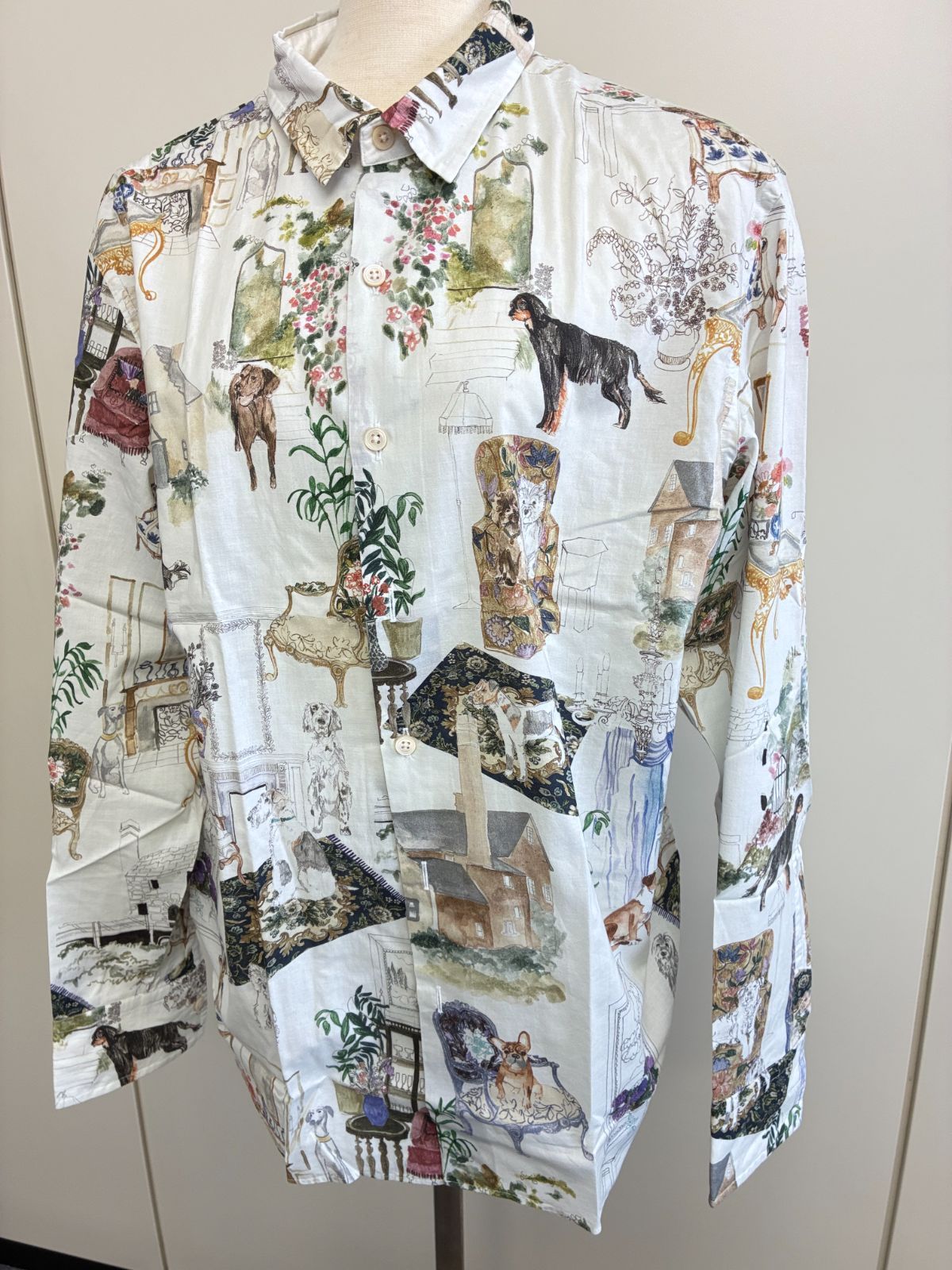 【クリーニング済・高級ライン】ポールスミスコレクション カントリーハウス ドッグ 総柄 長袖シャツ XL