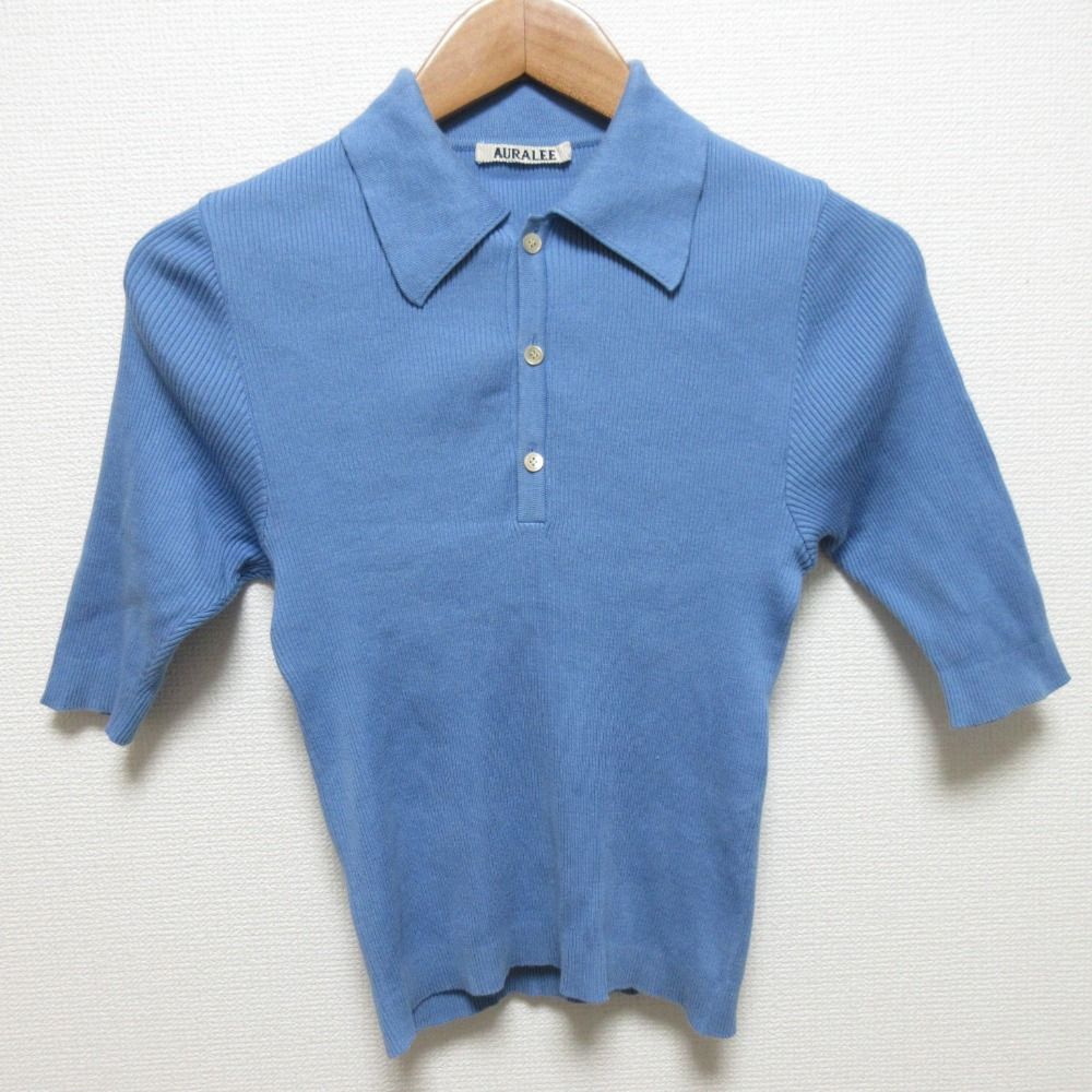 美品 24SS AURALEE オーラリー GIZA HIGH GAUGE RIB KNIT POLO ハーフスリーブ リブニット ポロシャツ A24SP01HR サイズ1 ブルー レディース 古着 中古 USED
