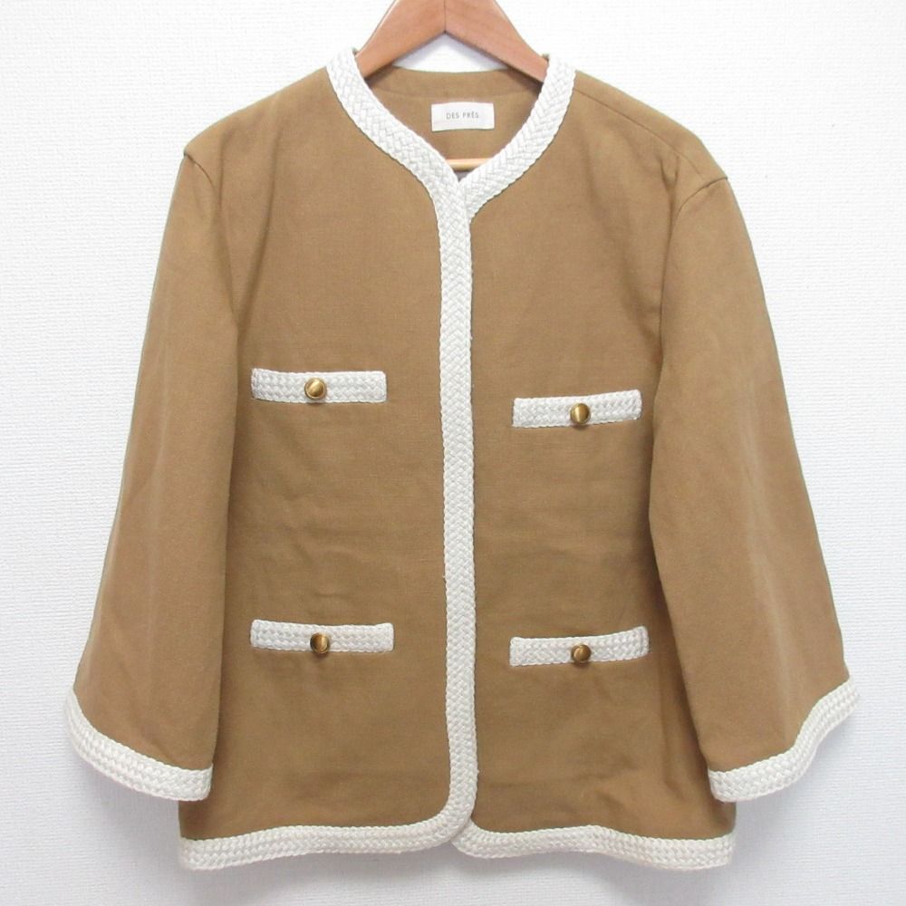 美品 24SS DES PRES デプレ コットンリネンキャンバス クルーネックジャケット 22-07-41-07106 サイズF ベージュ レディース 古着 中古 USED