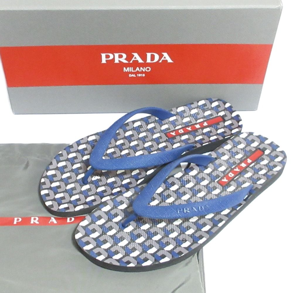 新品同様 PRADA SPORT プラダスポーツ ジオメトリック柄 ビーチサンダル サイズ39 26cm相当 ブルー グレー メンズ レディース 古着 中古 USED