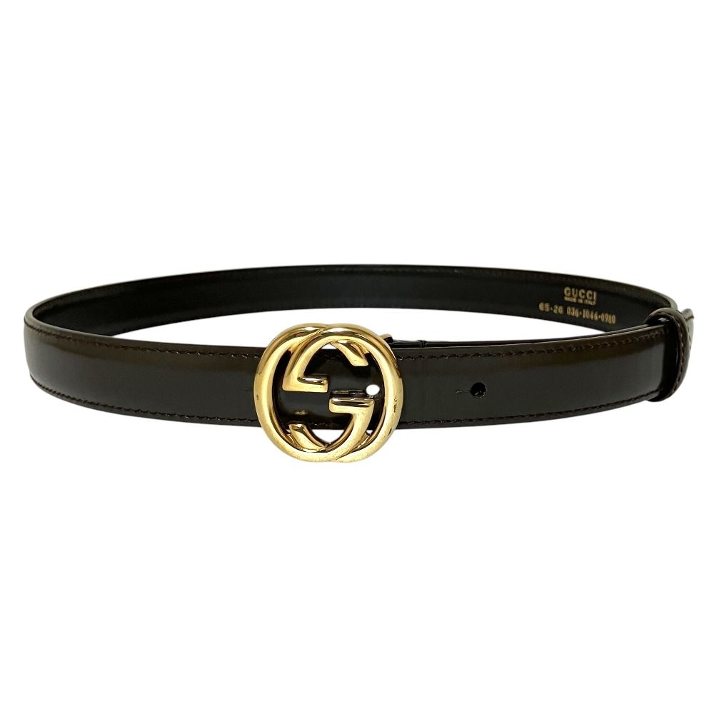 美品 GUCCI グッチ インターロッキングG GGバックル ナローレザーベルト 65/26 ダークブラウン×ゴールド金具 レディース 古着 中古 USED