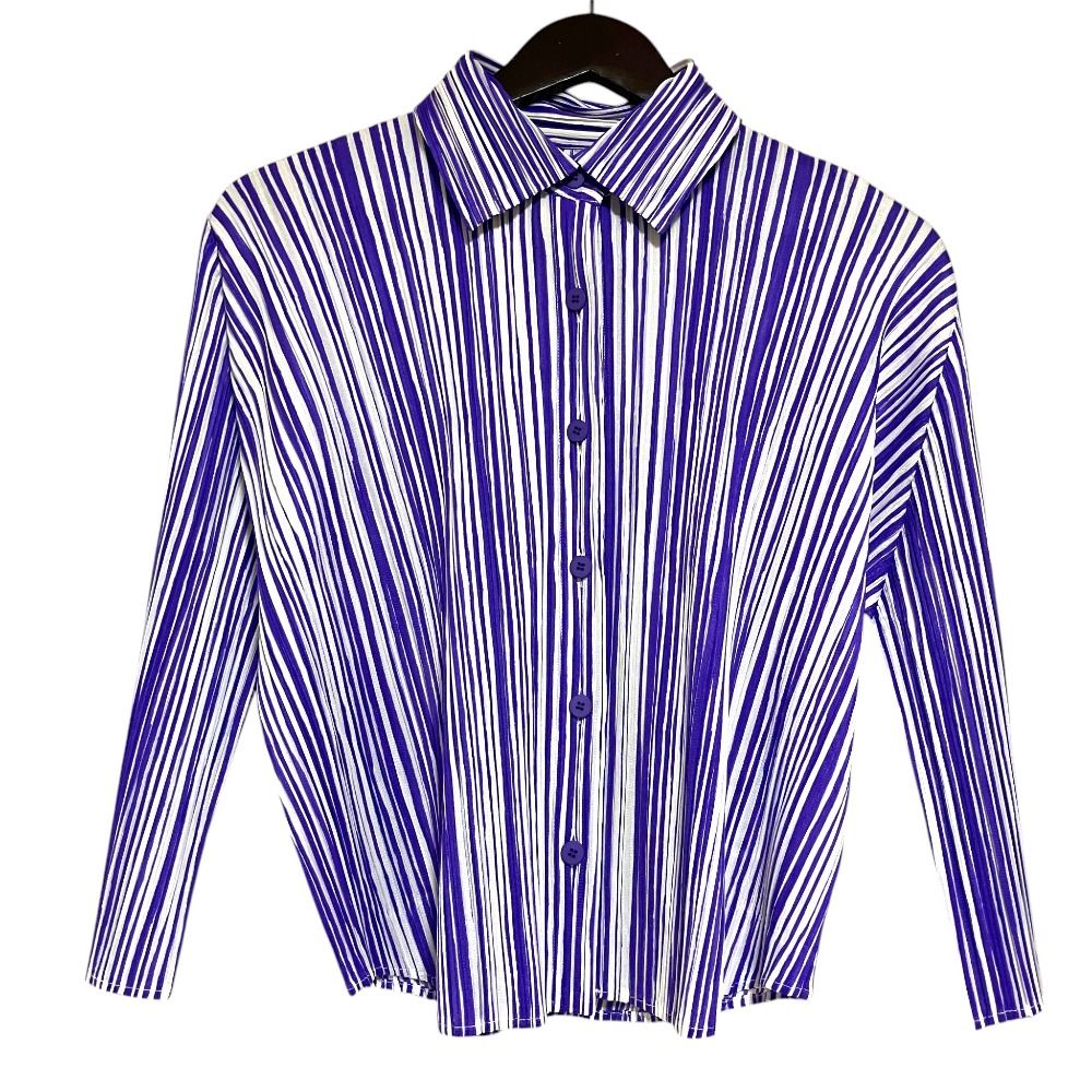 美品 PLEATS PLEASE ISSEY MIYAKE プリーツプリーズ イッセイミヤケ ストライプ柄 ブラウス シャツ PP73-JJ672 3 パープル ホワイト レディース 古着 中古 USED