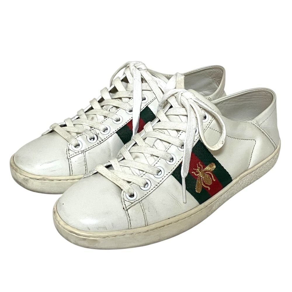 GUCCI グッチ ウェブライン Ace Bee エース レザー ローカット スニーカー シューズ 475208 サイズ34.5 21.5cm ホワイト レディース 古着 中古 USED