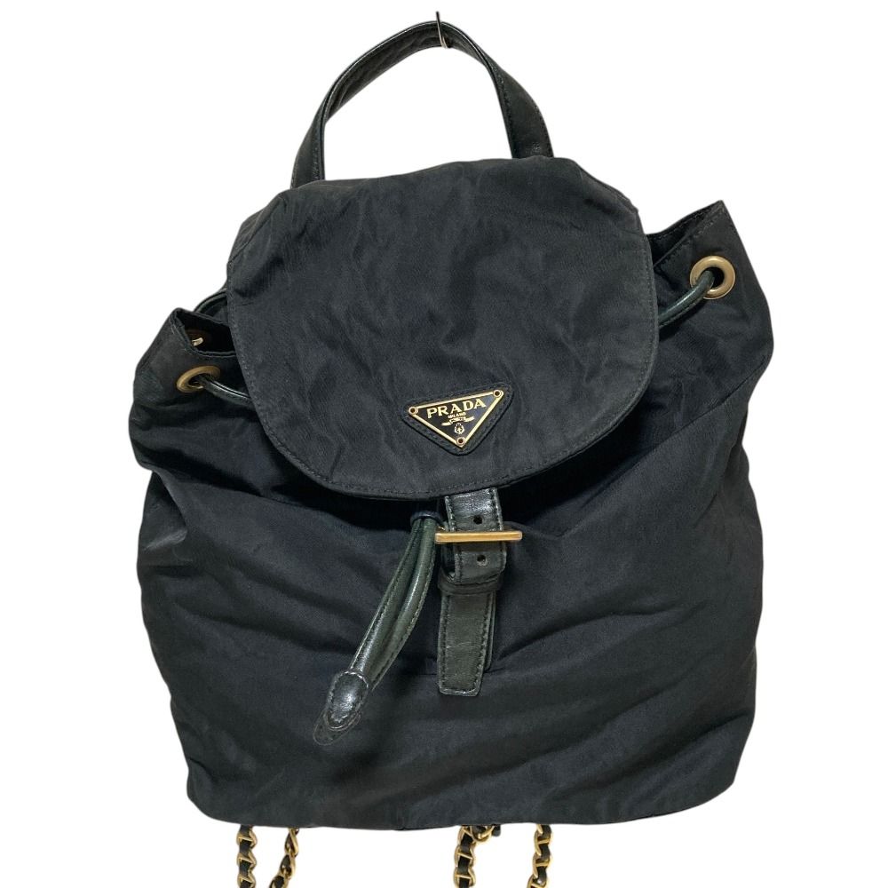 良品 PRADA プラダ トライアングルプレート ナイロン チェーン バックパック リュックサック ブラック レディース 古着 中古 USED