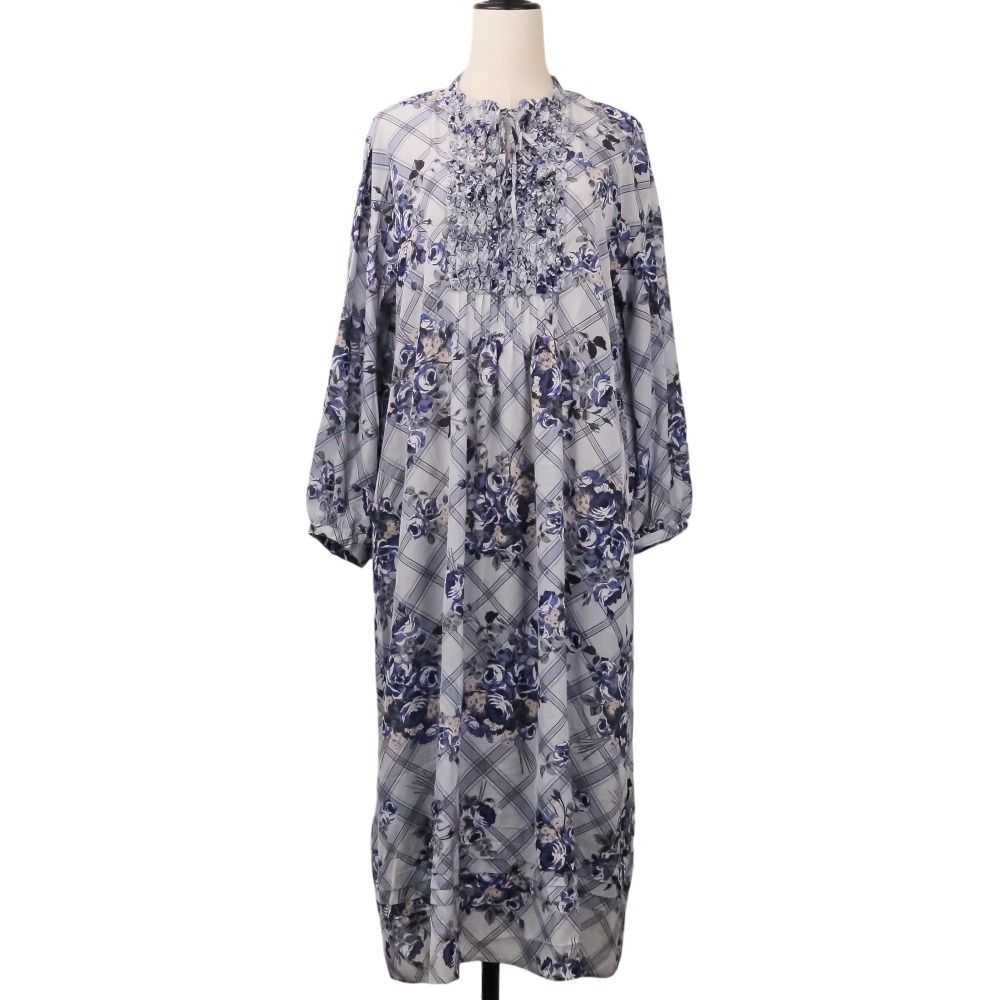 美品 INGEBORG インゲボルグ 長袖 ロング シアー チェックフラワーpt.ワンピース A2231FA214 グレー ブルー レディース 古着 中古 USED