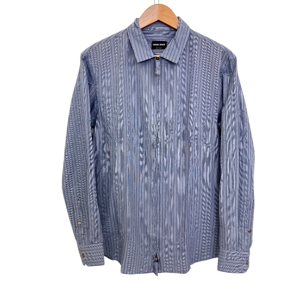 美品 24SS GIORGIO ARMANI ジョルジオアルマーニ シアサッカー ストライプ柄 ジップアップ シャツジャケット 39 ブルー メンズ 古着 中古 USED