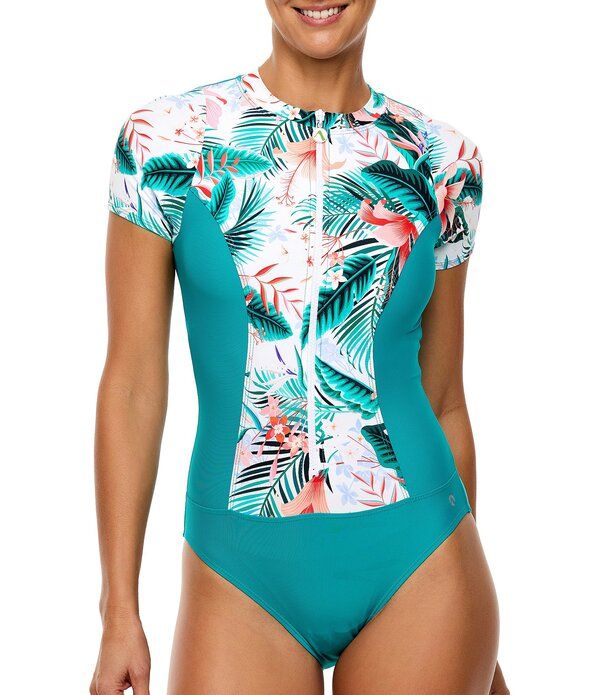 アセナ レディース トップス ワンピース プリント Athenative Fawna Tropical Print Zip Front Short Sleeve One Piece Swimsuit