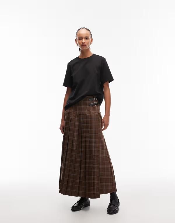 エイソス レディース ボトムス スカート プリーツ ミディ ASOS DESIGN buckle detail pleated kilt midi skirt plaid Blue check ブルー