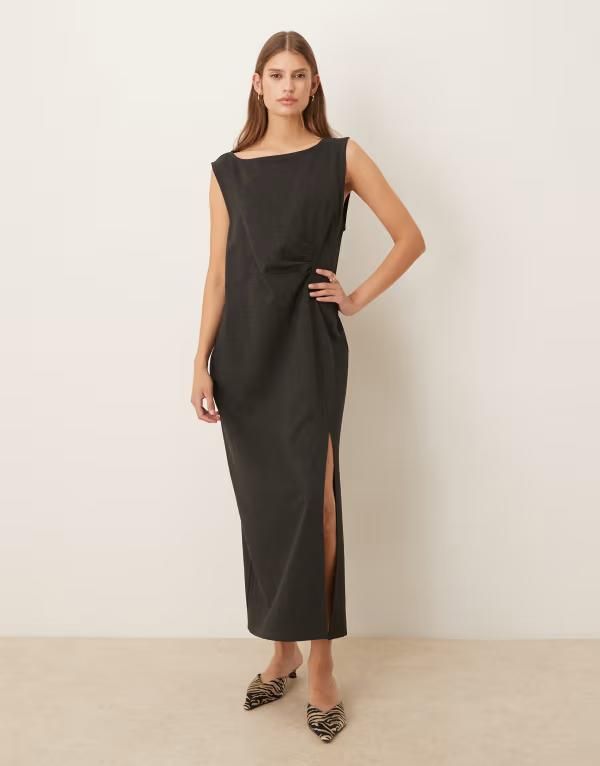 マンゴ レディース トップス ワンピース ミディワンピース ミディ ノースリーブ Mango boat neck sleeveless midi dress with slit in charcoal