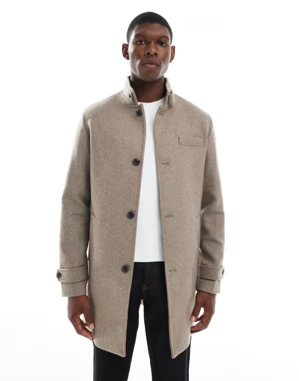 ジャック アンド ジョーンズ メンズ アウター コート スタンドネック ウール Jack Jones wool blend funnel neck coat Greige ベージュ