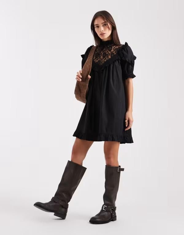 ミスセルフフリッジ レディース トップス ワンピース ミニワンピース ミニ レース Miss Selfridge lace detail mini dress Black ブラック