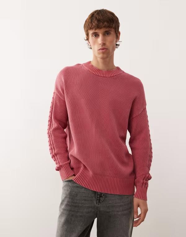コルージョン メンズ アウター ニット・セーター クルーネック セーター ニット COLLUSION Knitted crew neck sweater RED レッド