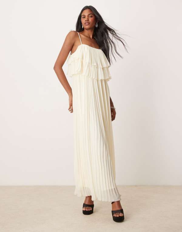 ヴィラ レディース トップス ワンピース マキシワンピース プリーツ フリル マキシ Vila pleated ruffle layer cami maxi dress in birch cream