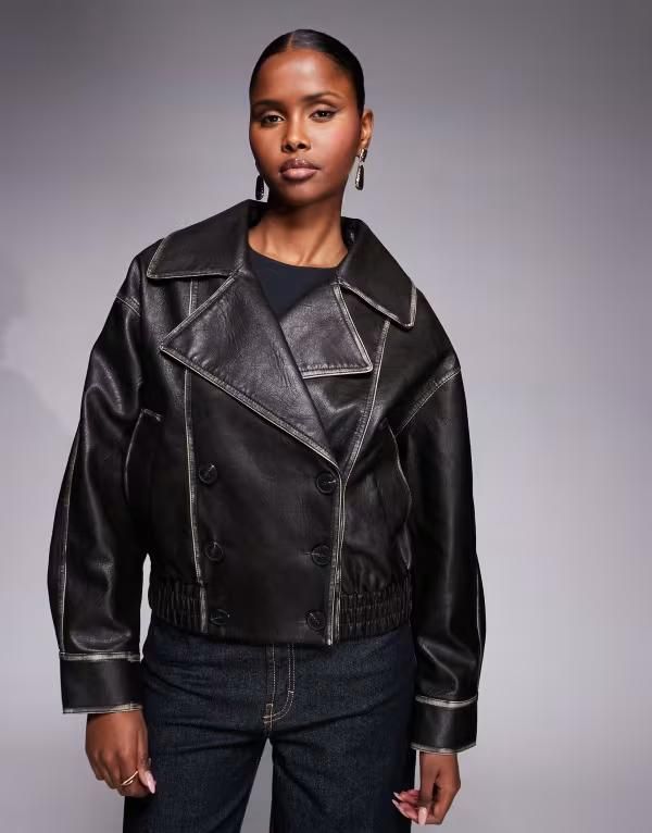 リバーアイランド レディース アウター ジャケット・ブルゾン クロップド レザー フェイクレザー River Island faux leather cropped trench jacket Bla