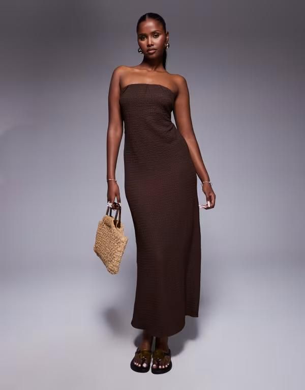 エイソス レディース トップス ワンピース ミディワンピース ミディ ASOS DESIGN textured bandeau tie back midi dress in chocolate Cho