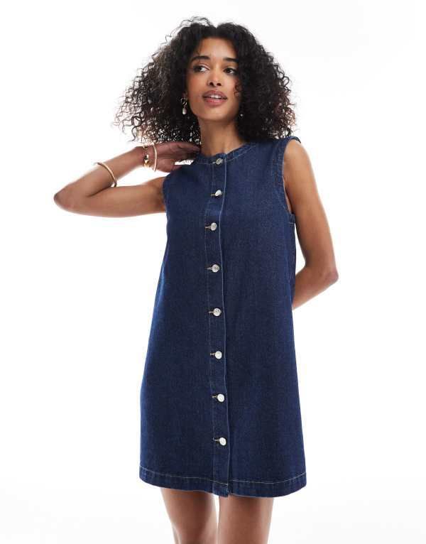 エイソス レディース トップス ワンピース ミニワンピース ミニ デニム ASOS DESIGN trapeze denim mini dress with button opening in ind