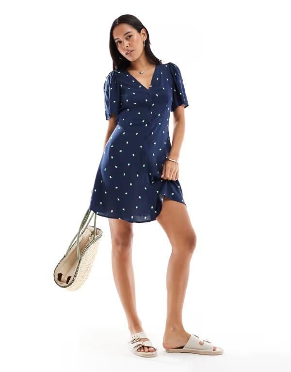 ヴェロモーダ レディース トップス ワンピース プリント ミニ Vero Moda button up mini skater dress with lemon print Navy All Over 13,110円