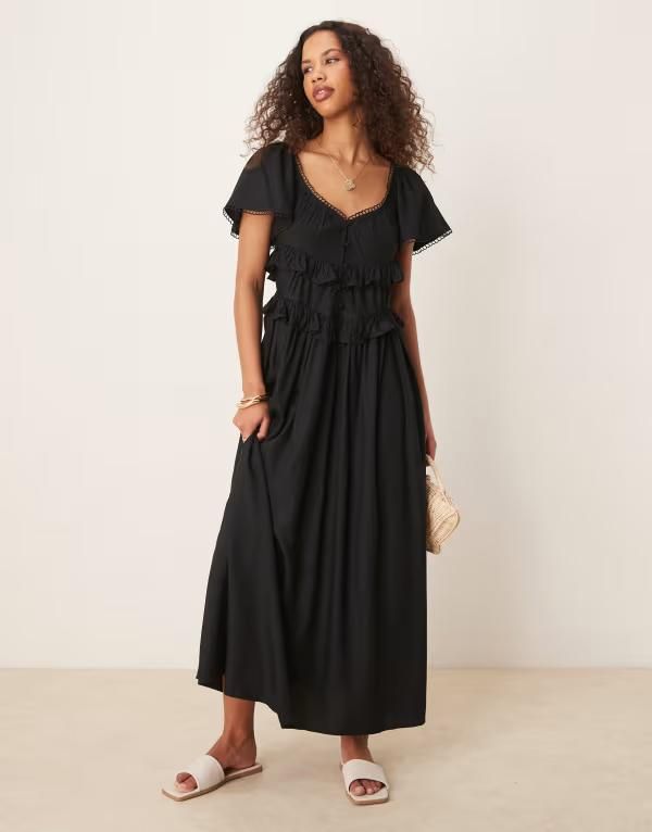 エイソス レディース トップス ワンピース マキシワンピース マキシ ASOS DESIGN flutter sleeve waisted maxi dress Black ブラック 10,245円