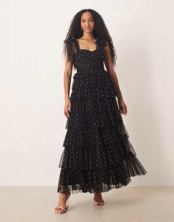 レース アンド ビーズ レディース トップス ワンピース ドット柄 チュール ティアード マキシワンピース ドット マキシ Lace Beads bow shoulder tiered tulle m