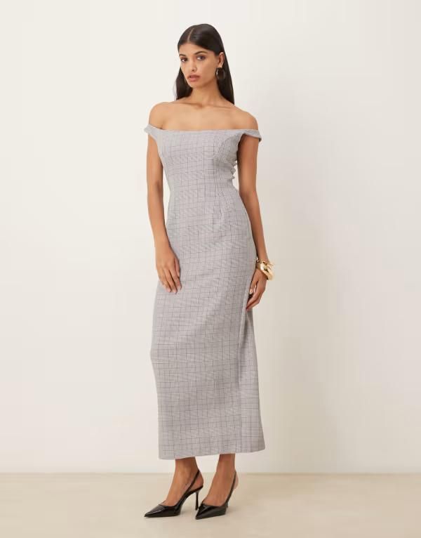 エイソス レディース トップス ワンピース ミディワンピース ミディ ASOS DESIGN off shoulder tailored pencil midi dress in stone plai