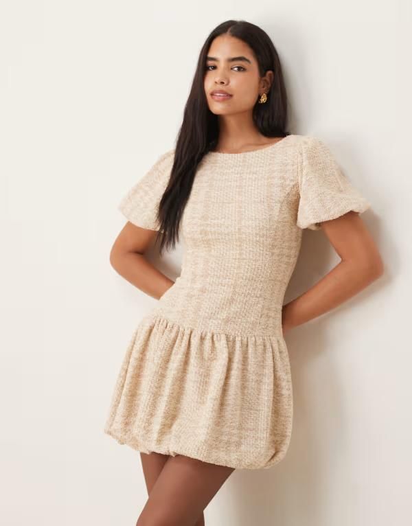エイソス レディース トップス ワンピース ミニワンピース ミニ ASOS DESIGN boucle puffball mini dress in stone STONE ストーン