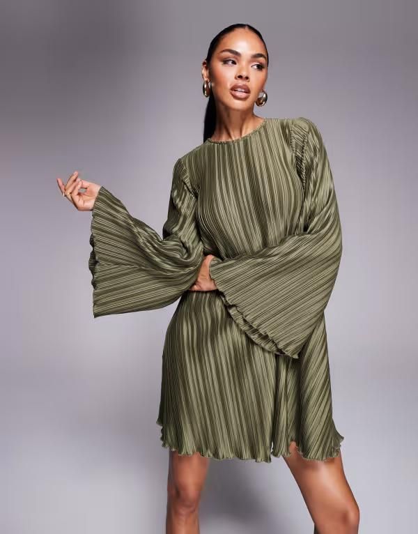 エイソス レディース トップス ワンピース ミニワンピース ミニ ASOS DESIGN plisse wide sleeve mini dress with back bow detail Khak
