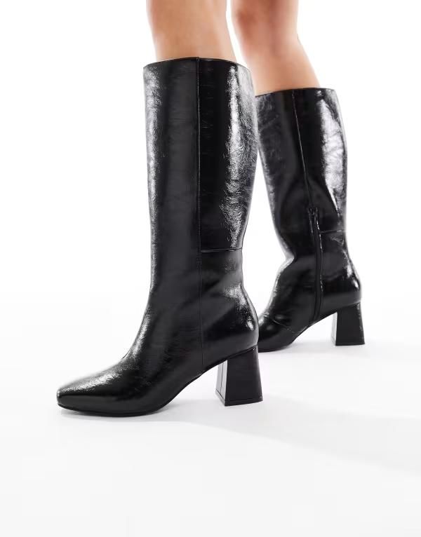 ロンドンレベル レディース シューズ ブーツ・レインブーツ ヒール London Rebel Nova block heeled knee boots BLACK CRINKLE PAT PU ブラッ