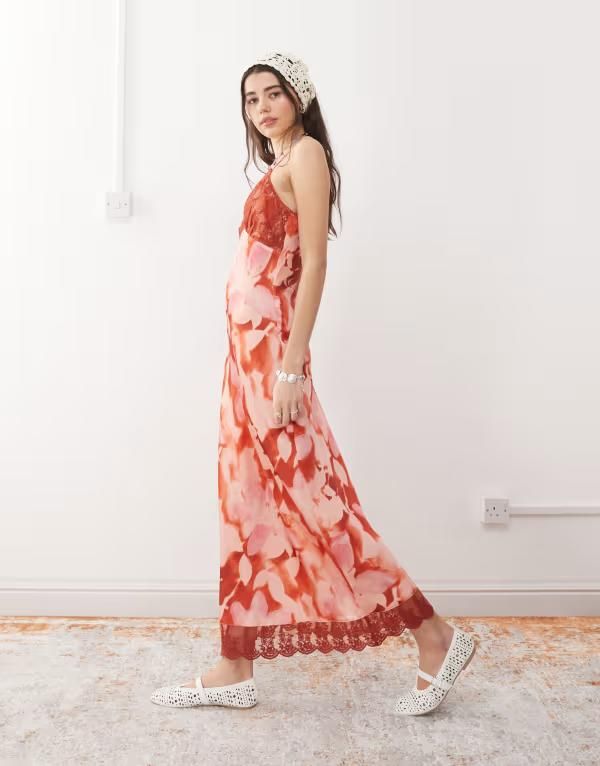 リクレイム ヴィンテージ レディース トップス ワンピース レーストリム フラワー柄 プリント レース マキシ フラワー Reclaimed Vintage maxi cami slip dress 11,235円
