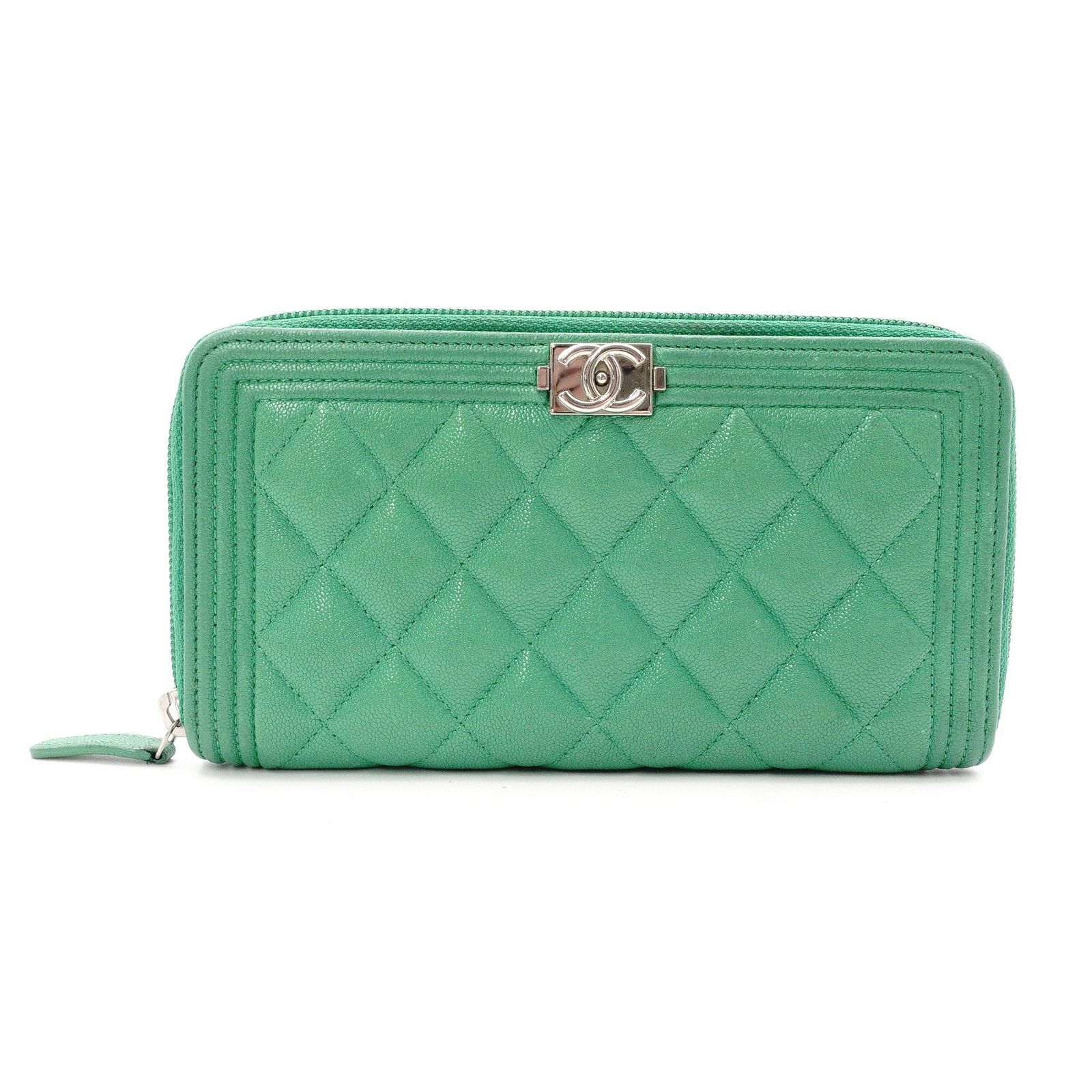 CHANEL シャネル キャビアスキン ボーイシャネル 長財布 レザー グリーン シルバー金具 財布