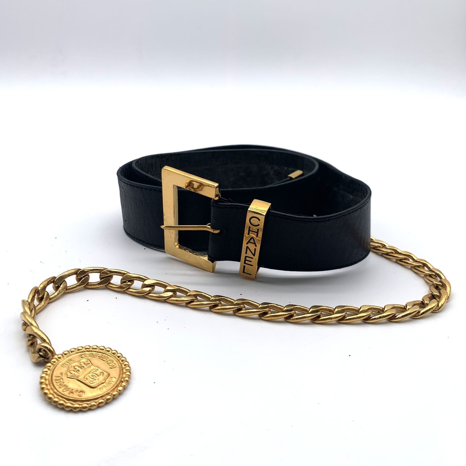 CHANEL シャネル レザー チェーンベルト メダリオン ココマーク 本革 ブラック 黒色 ゴールド 金色 35/75