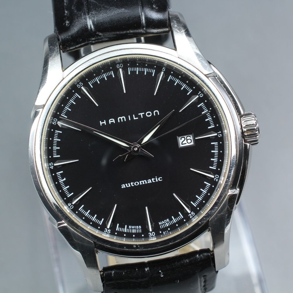 【稼働品】 HAMILTON ジャズマスター H327150 ブラック シルバー デイト 自動巻き メンズ 腕時計 #17660