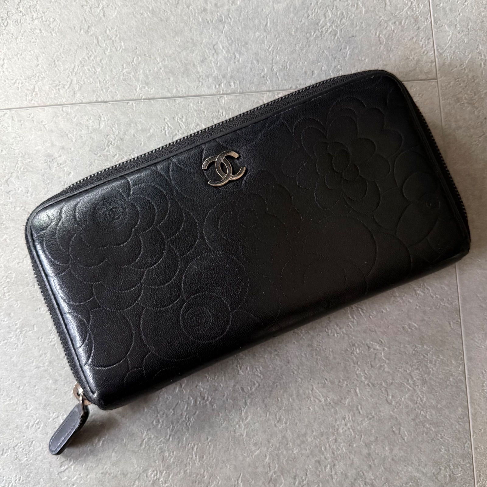 CHANEL シャネル カメリア ココマーク ラウンドファスナー長財布 レザー ブラック 黒 シルバー金具 ロングウォレット