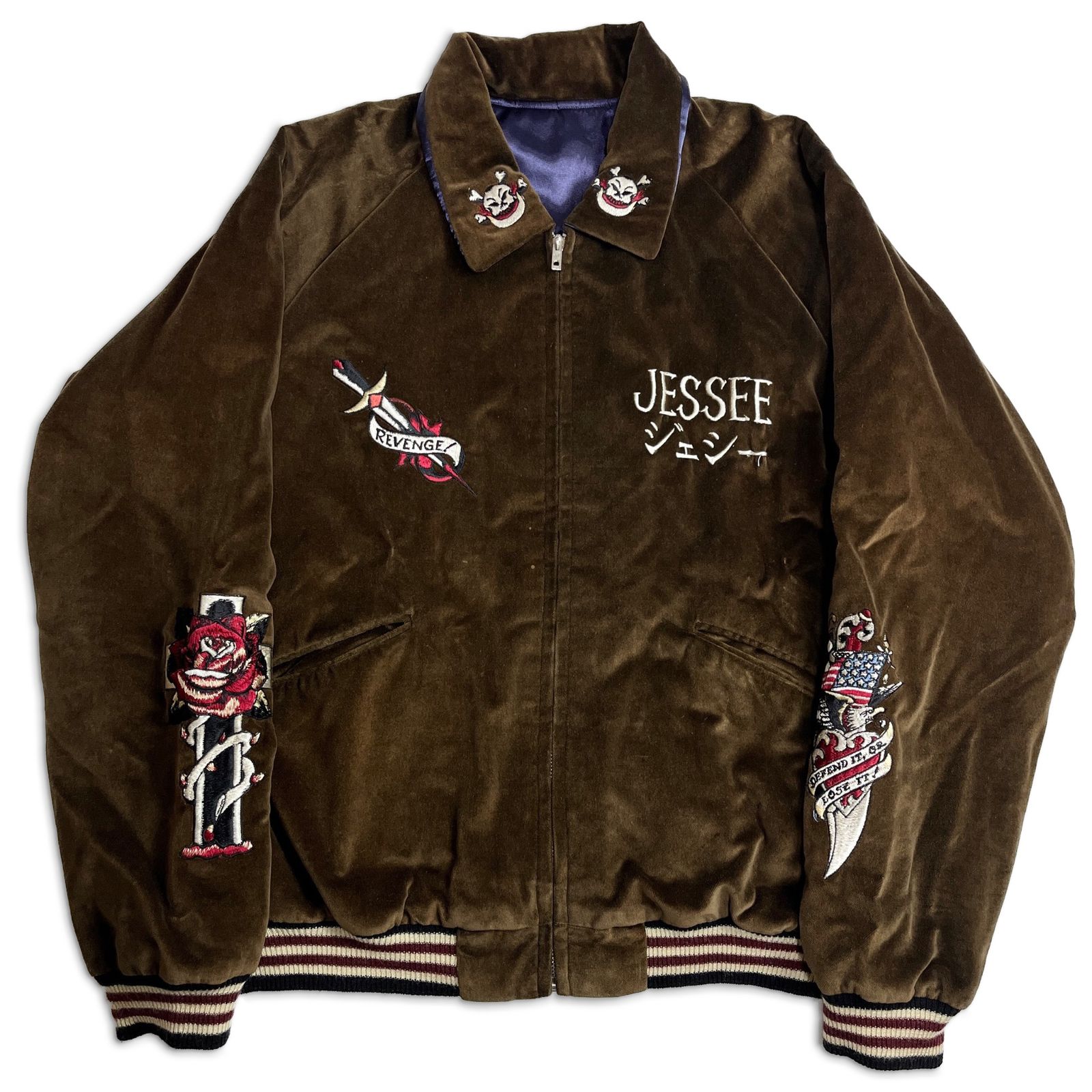 TAILOR東洋 リバーシブル スカジャン ベロア サテン ドクロ 沖縄 JESSEE USMC ブラウン パープル テーラー東洋 2000000012476