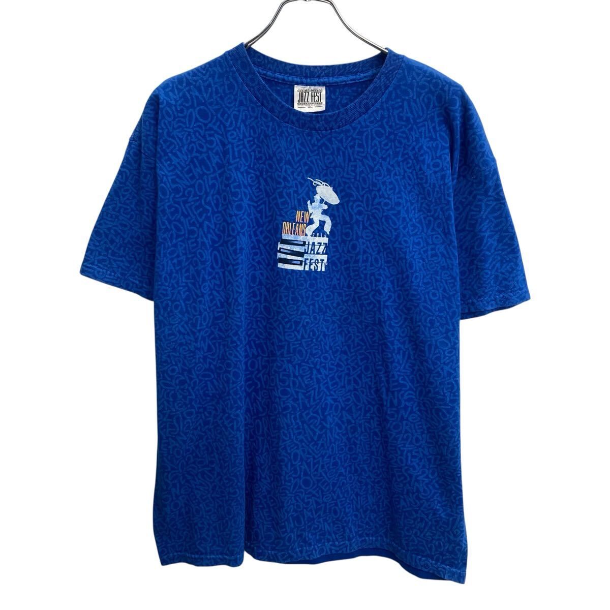 JAZZ FEST 半袖 プリントTシャツ XL ブルー ジャズフェスト 総柄 バックプリント アニマルプリント ミュージック フェス a807-6779