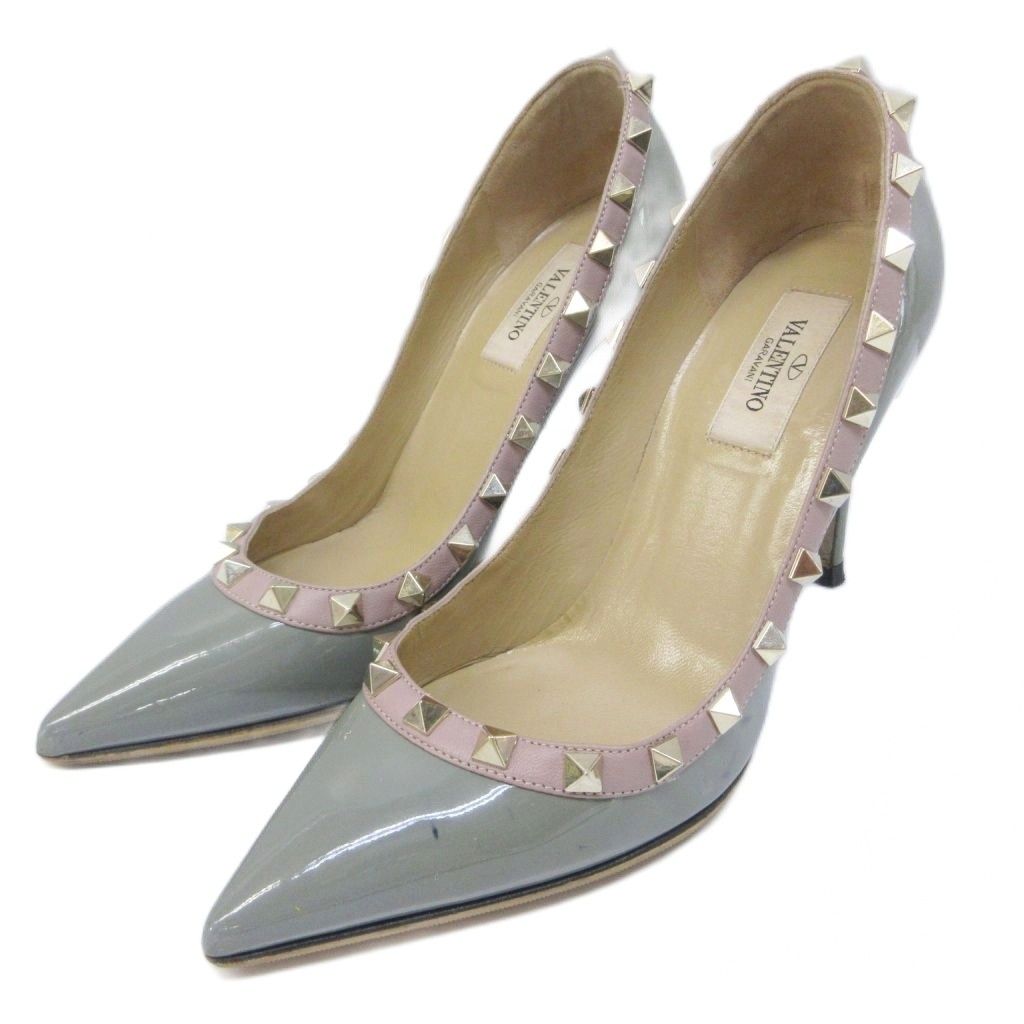 ヴァレンティノ ガラヴァーニ VALENTINO GARAVANI ロックスタッズ パンプス エナメル パテント レザー ハイヒール 36 約23cm 灰 グレー 系 IBO95 0426