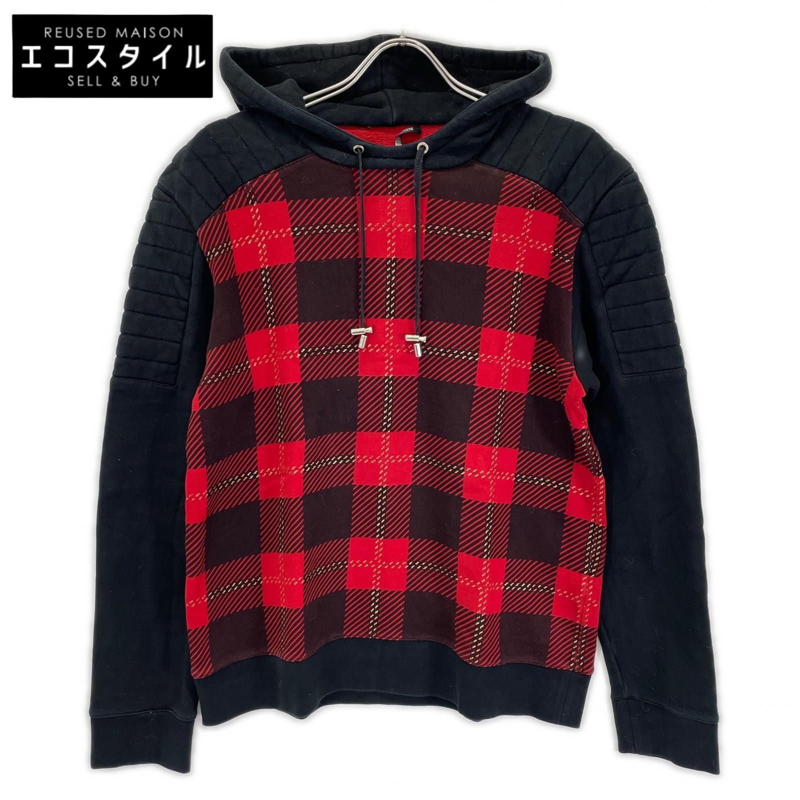 BALMAIN バルマン レッド チェック 切り替えパーカー M - メルカリ