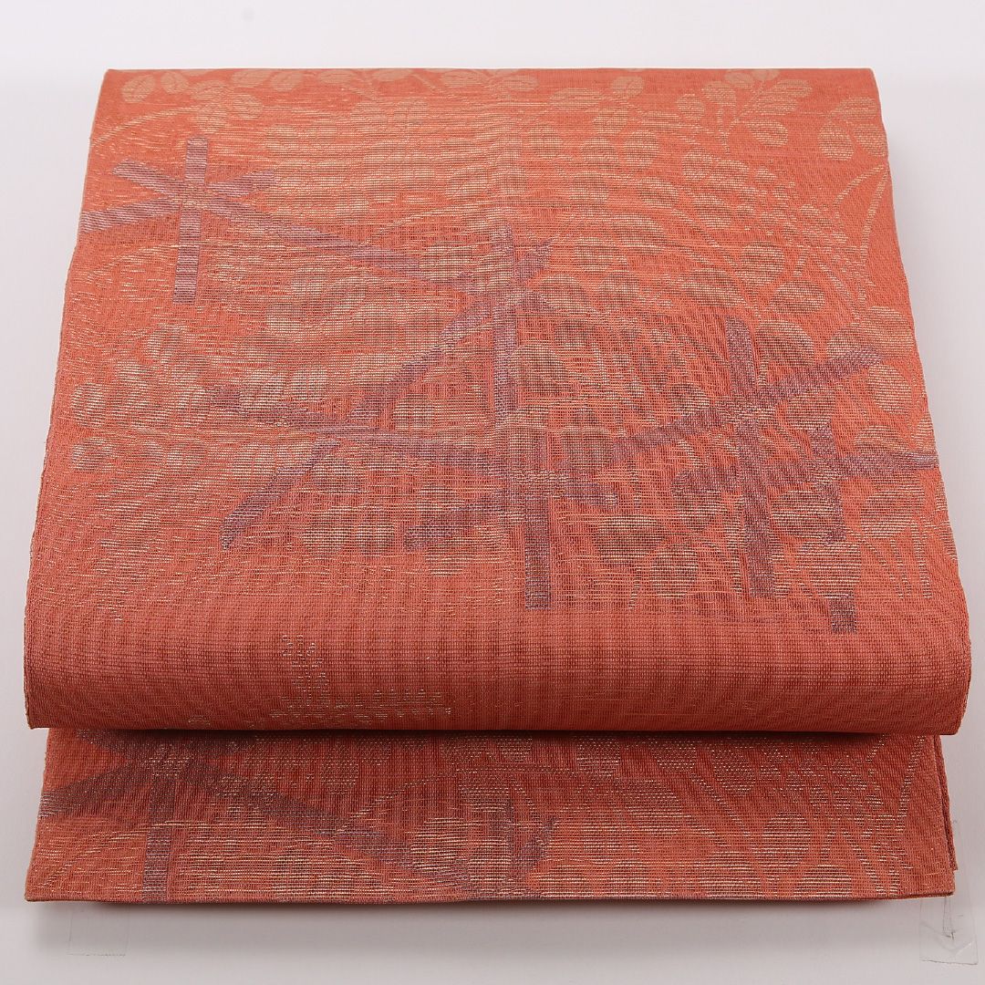 お買い得品！夏物 袋帯 帯丈412cm 正絹 六通 インフォーマル 秋草文 朱系 茶系 1243-02495