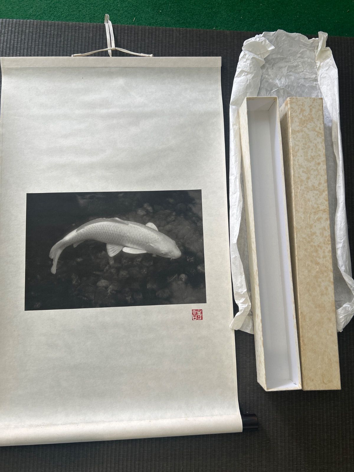 Ё 【美品】掛軸 白晴 白鯉図 日本画 錦鯉 掛け軸 工芸 美術品 箱あり 2F