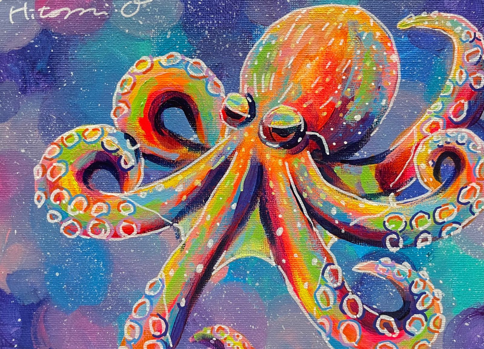 キャンバスパネル原画○カラフルなタコの絵 真作 絵画 現代アート 抽象
