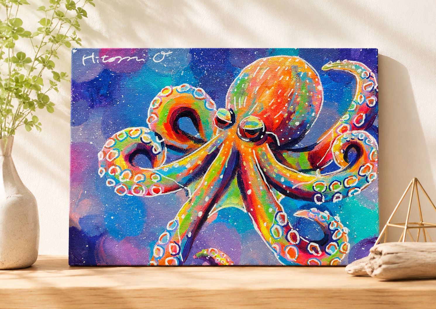 キャンバスパネル原画○カラフルなタコの絵 真作 絵画 現代アート 抽象