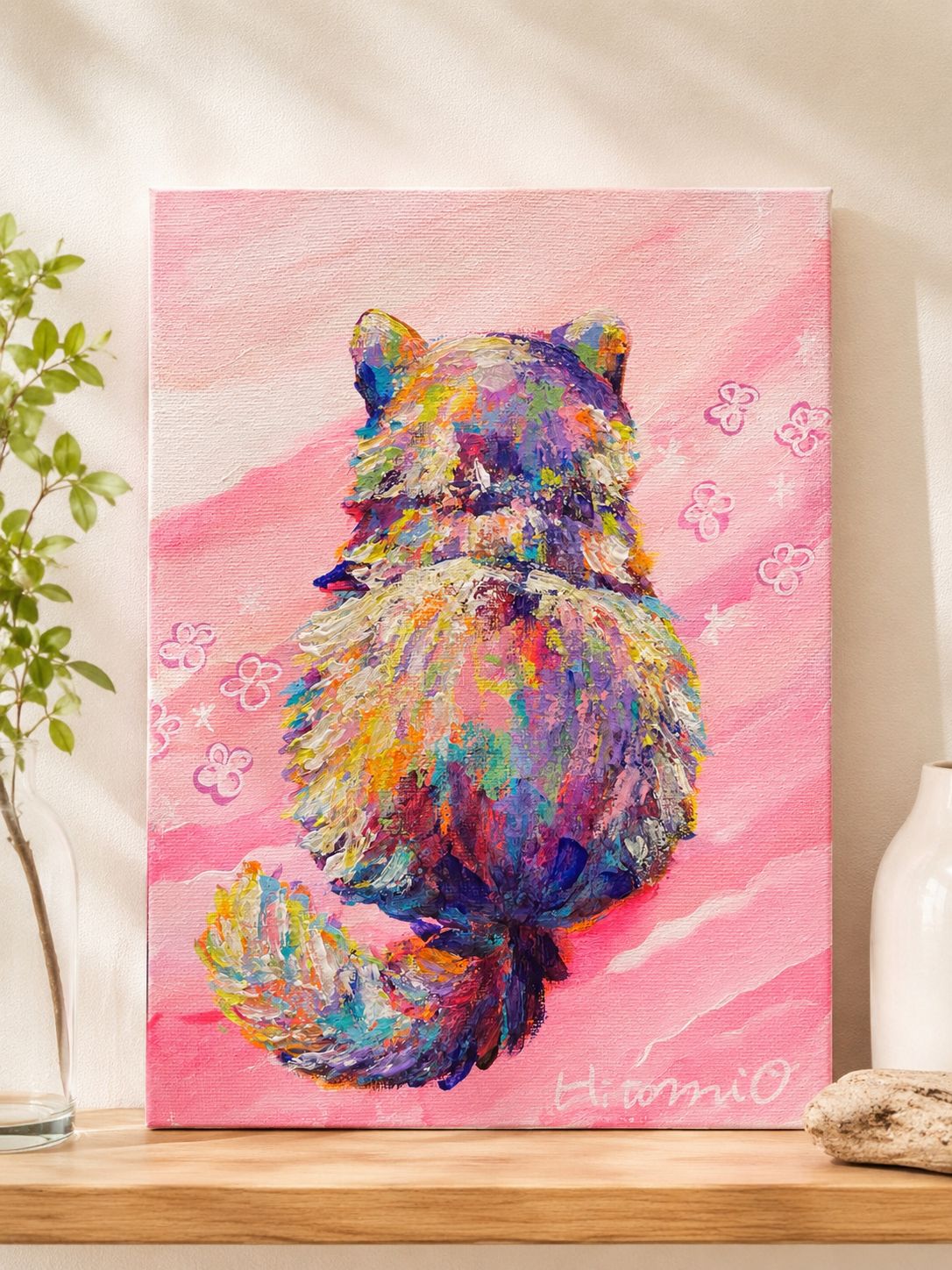 キャンバスパネル原画○カラフルな猫の絵 真作 絵画 現代アート 抽象画