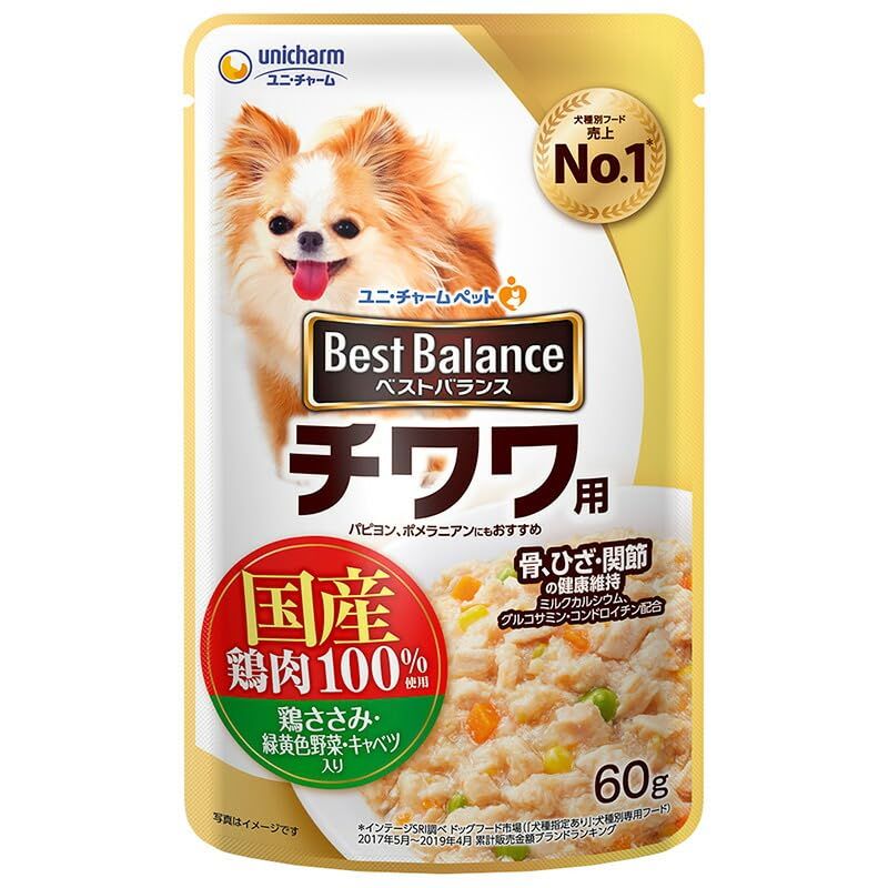 （まとめ買い）ユニ・チャーム ベストバランス パウチ チワワ用 鶏ささみ・緑黄色野菜・キャベツ入り 60g 犬用フード 【×36】 7,379円