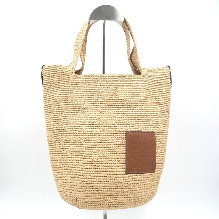 LOEWE（ロエベ）スリットバッグ ミニ トートバッグ ラフィア アナグラム ナチュラル ブラウン レザー レディース 【中古】