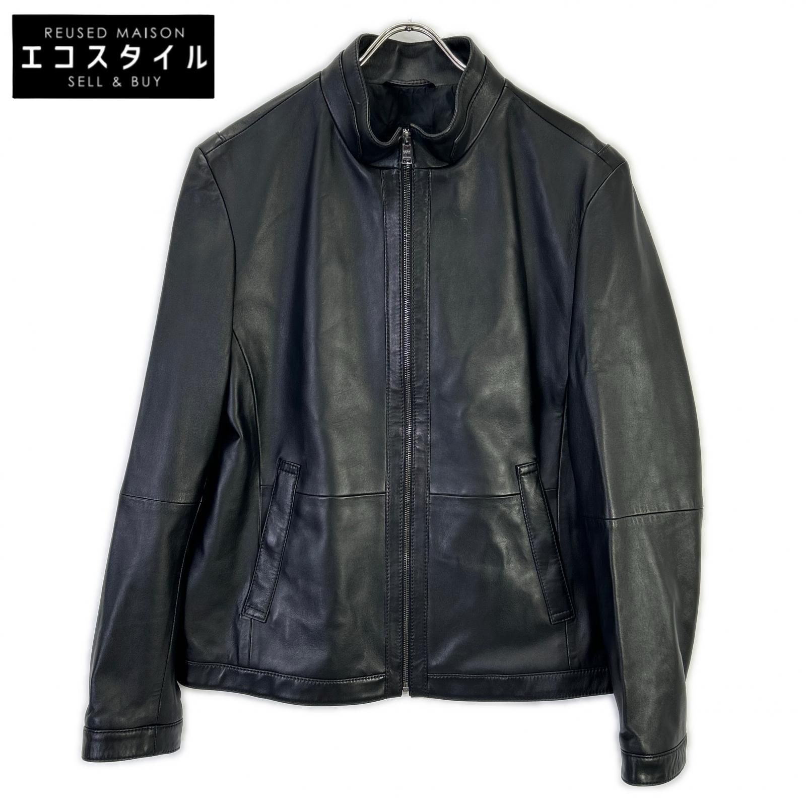 HUGOBOSS　ヒューゴボス　10204714 ブラック オールレザー シングルライダースジャケット 21,400円